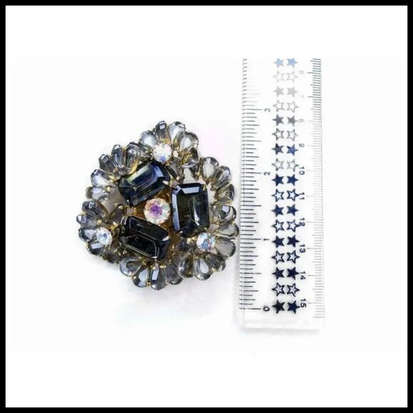 Rhinestone Brooch Big Gray Black Statement Pin 70s Vintage ON SALE - Picture 2 of 16